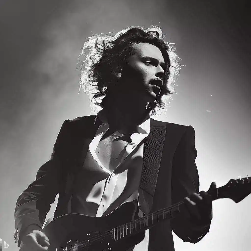 A man with flowing locks strums an electric guitar passionately, embodying the essence of "Love of My Life" by Harry Styles.