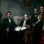 A painting of Abraham Lincoln signing the Emancipation Proclamation