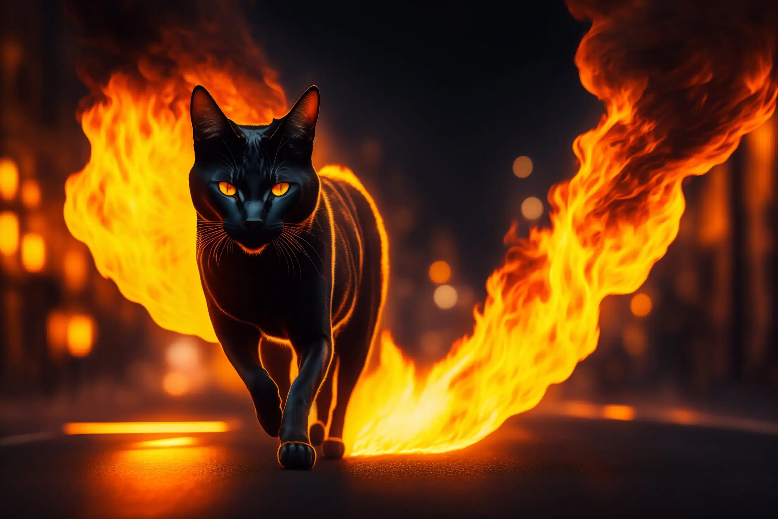 A mysterious cat with glowing eyes gracefully walks on a bed of fiery flames, exuding an aura of enchantment and danger.
superstitions
witchcraft