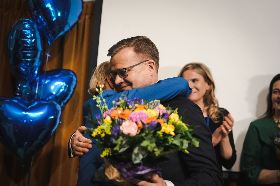 The National Coalition Chairman Petteri Orpo celebrates with supporters following the Finnish parliamentary elections, on April 2, 2023, in Helsinki.