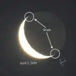 Glowing crescent moon with white arrows pointing to the tips of the crescent where small dots of light are visible, labeled beads.