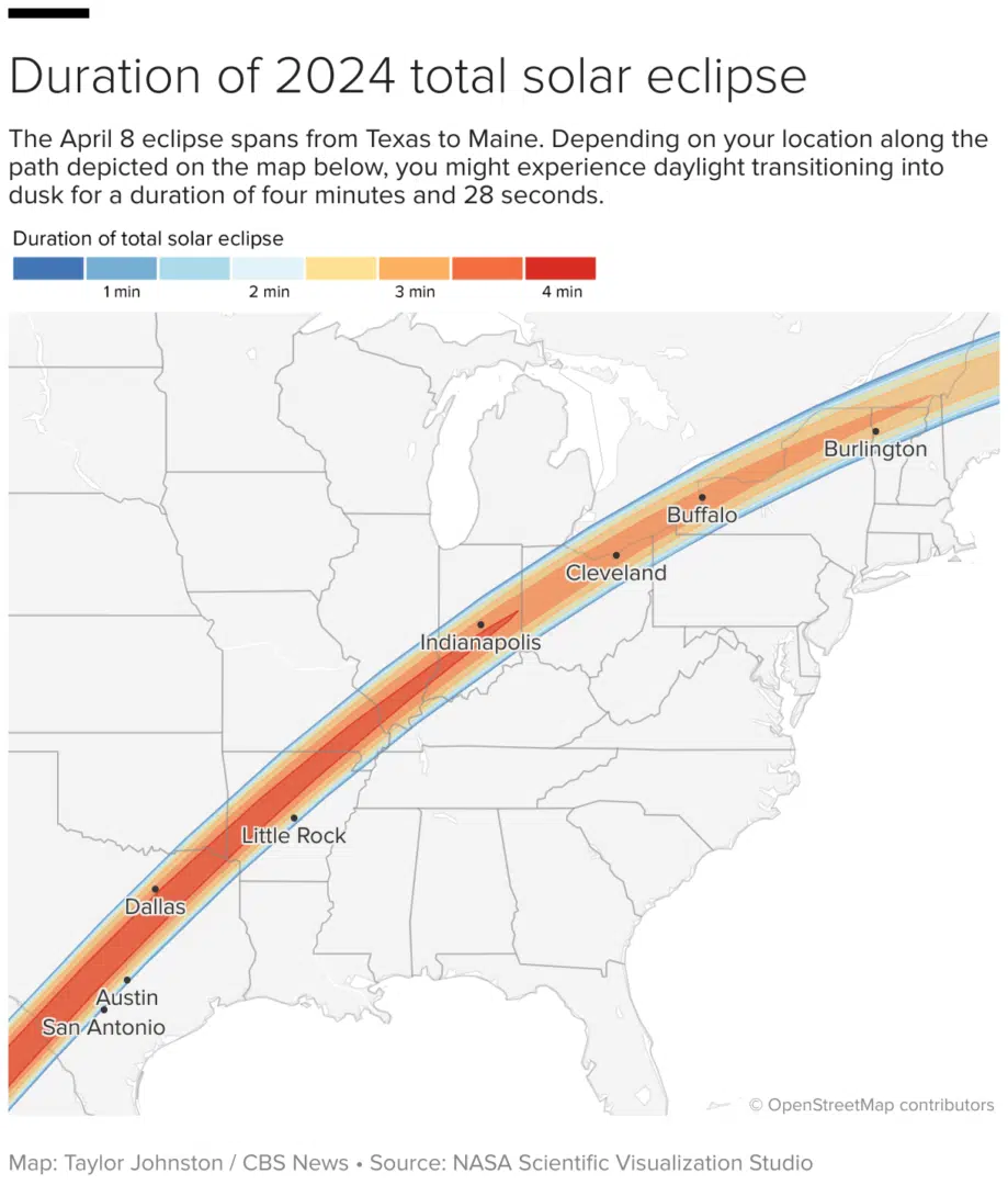 United states map showing the path of the 2024 solar eclipse and specific regions of what the eclipse duration will be.