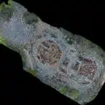 3D model of burial mound. We see a rectangular image with three circular mounds, two of which are excavated.