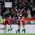 Hungary's Andras Schafer celebrates scoring a goal with Laszlo Kleinheisler, Bendeguz Bolla and Callum Styles that was later disallowed on March 22, 2024