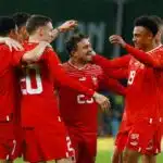 Switzerland's Xherdan Shaqiri celebrates scoring their first goal with teammates on March 26, 2024